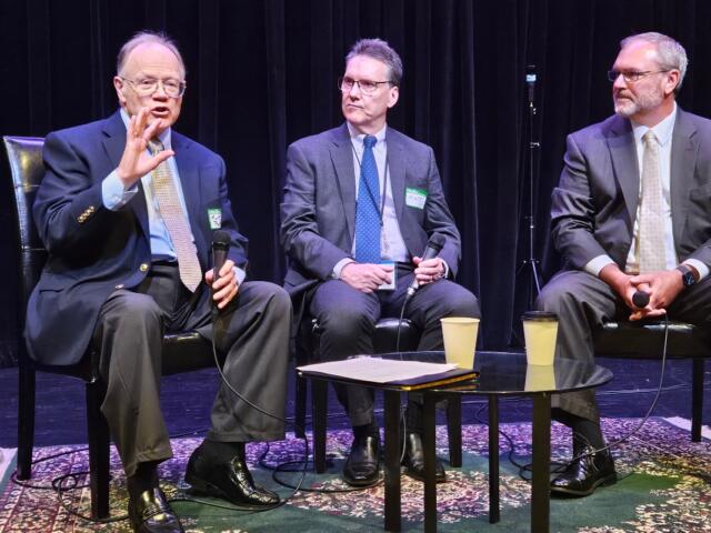 Kent Redfield, left, a political science professor at the University of Illinois Springfield, moderates a discussion about election security and integrity Friday, Sept. 25, with Illinois State Board of Elections spokesman Matt Dietrich, center, and Sangamon County Clerk Don Gray. (Capitol News Illinois photo by Peter Hancock)