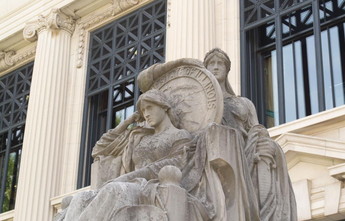 Charles Mulligan's "Justice and Power" statue is pictured outside the Illinois Supreme Court building in Springfield. (Capitol News Illinois file photo)