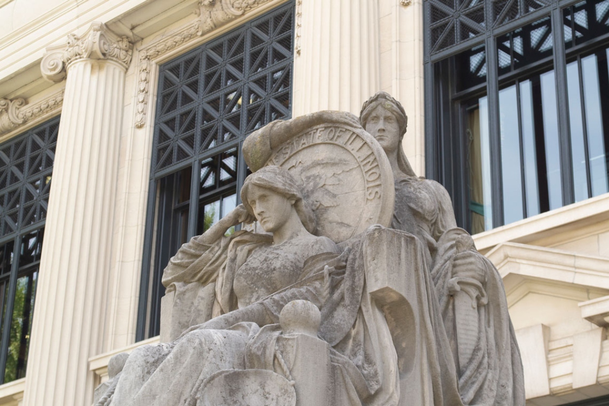 Charles Mulligan's "Justice and Power" statue is pictured outside the Illinois Supreme Court building in Springfield. (Capitol News Illinois file photo)