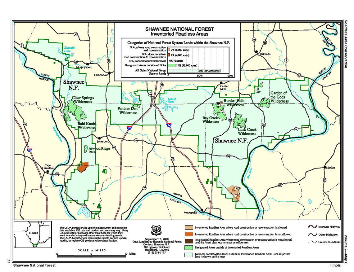 A U.S. Department of Agriculture map shows the existing Roadless areas within the Shawnee National Forest.
