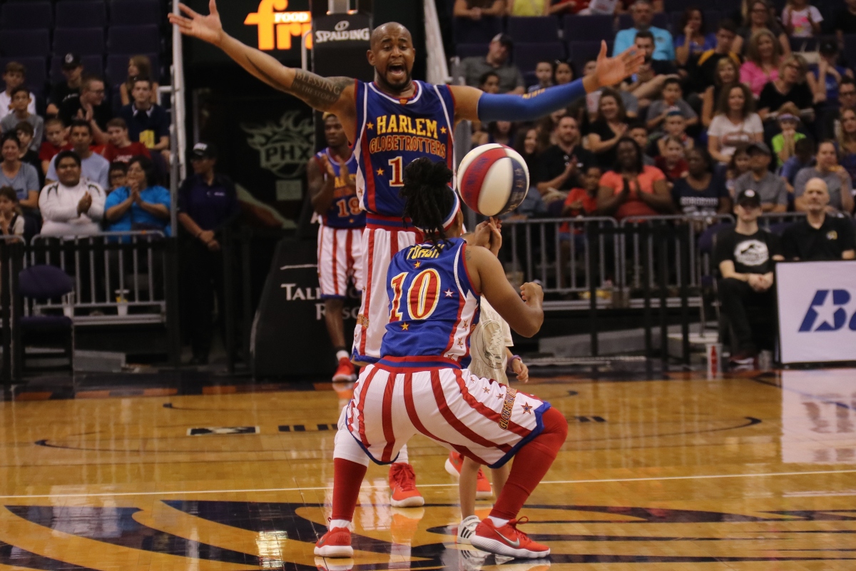 FILE - The Harlem Globetrotters at Talking Stick Resort Arena in Phoenix Arizona USA August 11,2018.