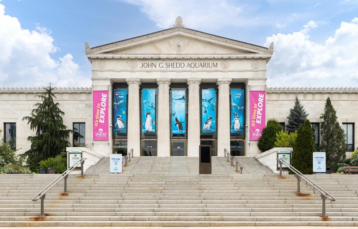 CHICAGO, IL, USA - JULY 1, 2022: The Shedd Aquarium is located in the Museum Campus in downtown Chicago and next to Lake Michigan. The building was built in 1930 and houses about 32,000 animals.