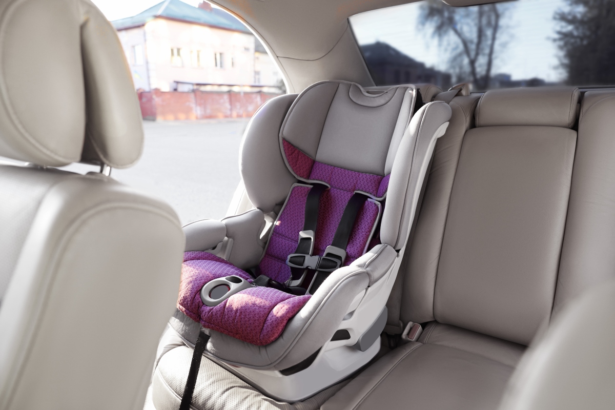 Empty modern child safety seat inside car.