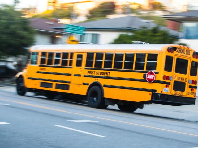 2024-11-15 Los Angeles USA Yellow school bus in motion on a city street, with "First Student" branding and a visible "STOP" sign.