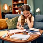 Young girl with headphones studying at a coffee table in a cozy living room, writing in a notebook surrounded by books and stationery.