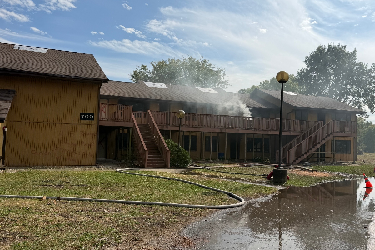 Smoke can be seen coming from one of three now-closed apartment buildings on Sunflower Court at the University of Illinois Springfield Wednesday, October 14, 2026, during firefighter training.