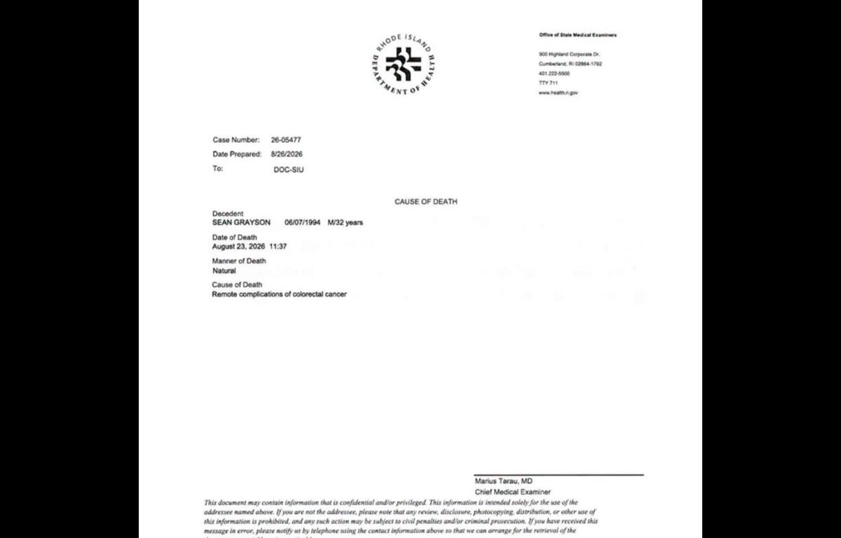 The death certificate of Sean Grayson from the Rhode Island Department of Health, Office of the Medical Examiner.
