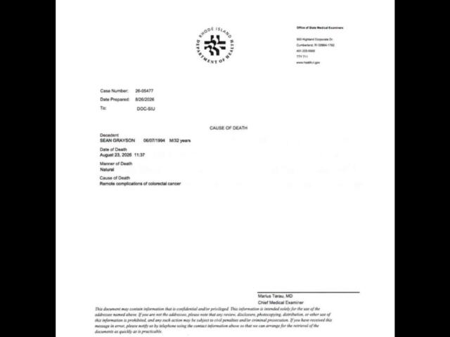 The death certificate of Sean Grayson from the Rhode Island Department of Health, Office of the Medical Examiner.
