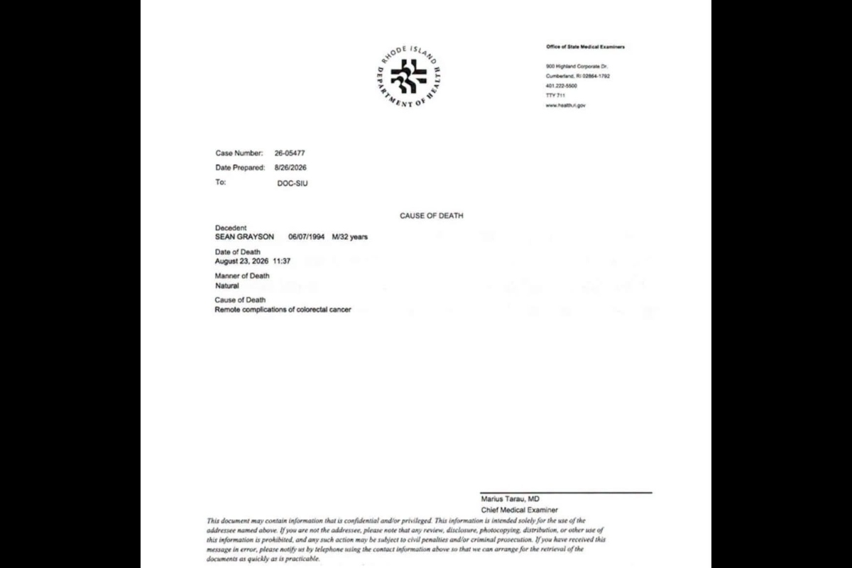 The death certificate of Sean Grayson from the Rhode Island Department of Health, Office of the Medical Examiner.