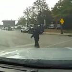 A screen shot of the dash camera video of Lt. Andrew Henton's squad car before it hit a pedestrian September 24, 2026.