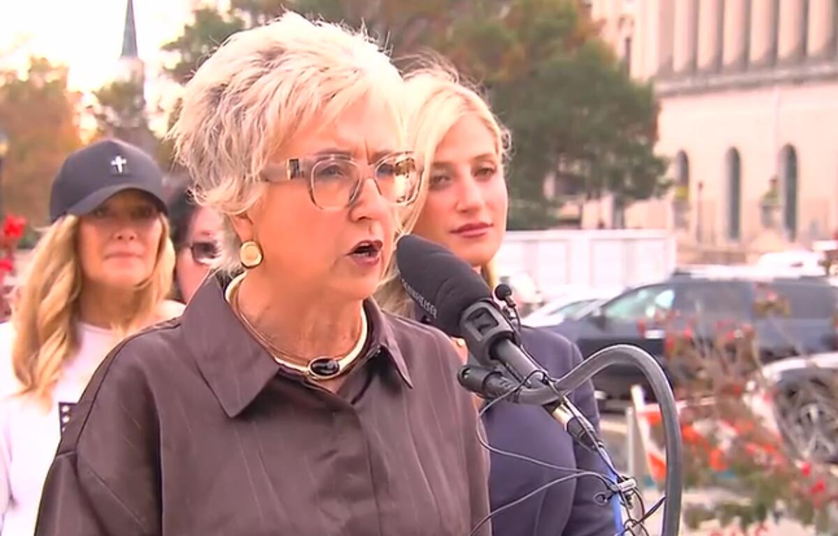 Cindy Bailey, wife of gubernatorial candidate Darren Bailey, speaks Tuesday, October 27, outside the Illinois Capitol.