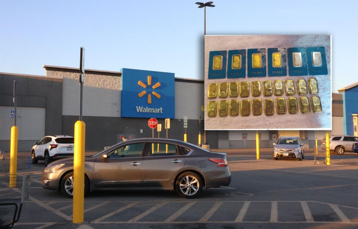 Six 1-ounce and 20 100-gram gold bars valued at just over $318,000 pictured before the victim packaged them at the direction of “Kevin Jones” and handed them over in the Marion Walmart parking lot. (Capitol News Illinois illustration; Homeland Security Investigations affidavit filed in federal court, Photo by Soph Levinson, Saluki Local Reporting Lab)