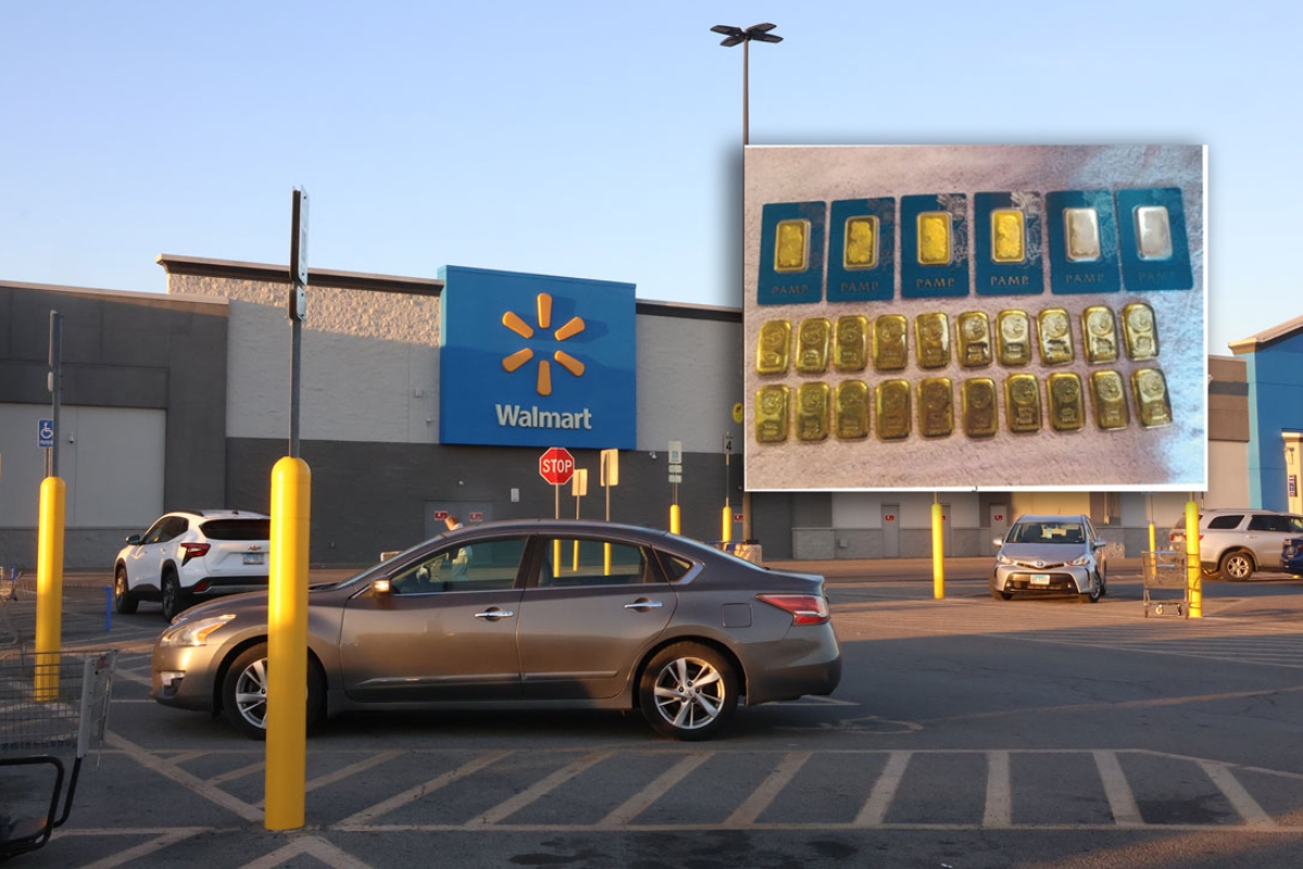 Six 1-ounce and 20 100-gram gold bars valued at just over $318,000 pictured before the victim packaged them at the direction of “Kevin Jones” and handed them over in the Marion Walmart parking lot. (Capitol News Illinois illustration; Homeland Security Investigations affidavit filed in federal court, Photo by Soph Levinson, Saluki Local Reporting Lab)