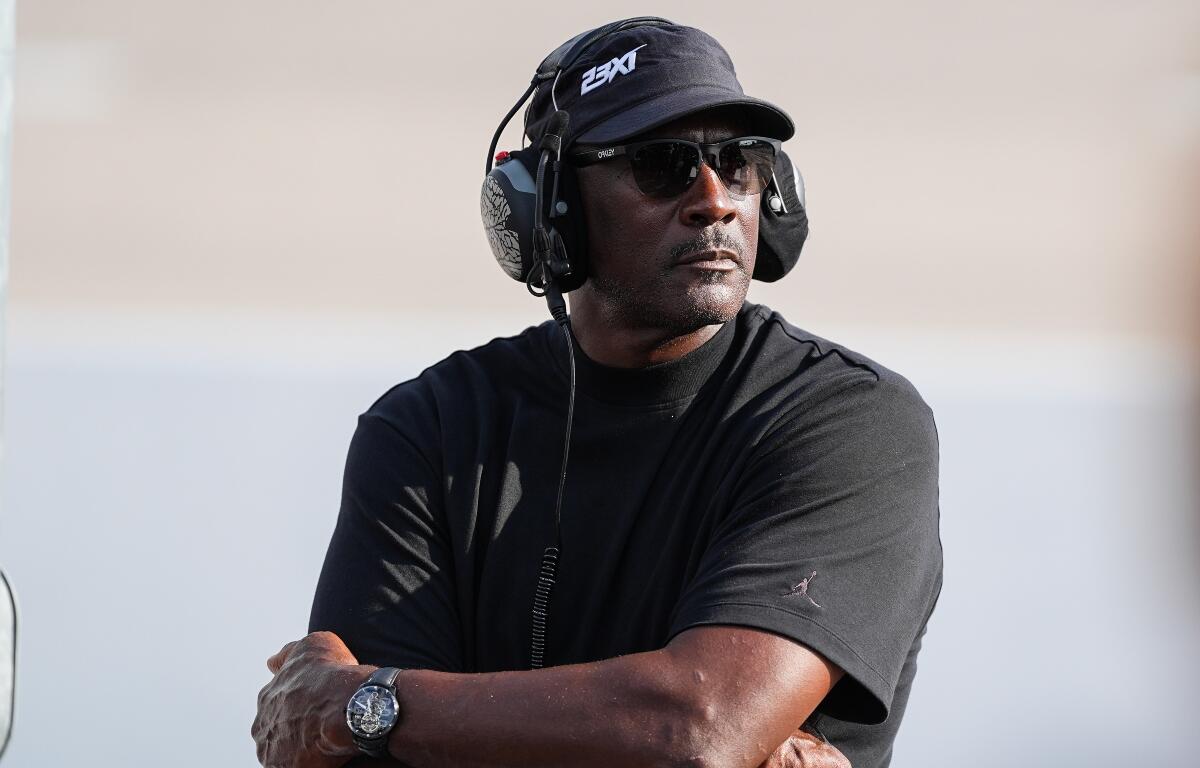 Team owner Michael Jordan looks on during a NASCAR Cup Series auto race Sunday, Sept. 6, 2026, in Darlington, S.C. (AP Photo/Matt Kelley)