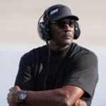 Team owner Michael Jordan looks on during a NASCAR Cup Series auto race Sunday, Sept. 6, 2026, in Darlington, S.C. (AP Photo/Matt Kelley)