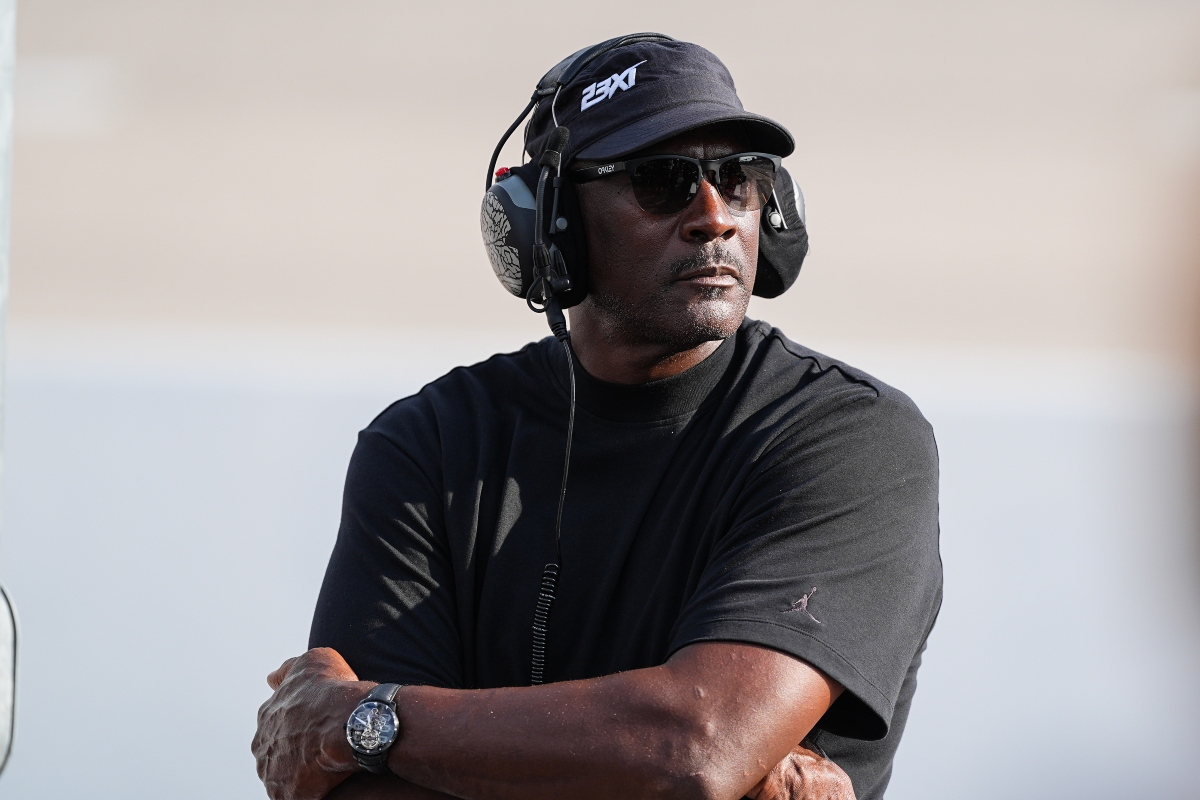 Team owner Michael Jordan looks on during a NASCAR Cup Series auto race Sunday, Sept. 6, 2026, in Darlington, S.C. (AP Photo/Matt Kelley)