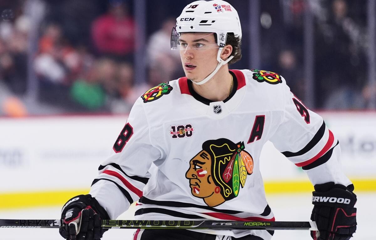 FILE - Chicago Blackhawks' Connor Bedard plays during an NHL hockey game Thursday, March 26, 2026, in Philadelphia. (AP Photo/Matt Slocum, File)