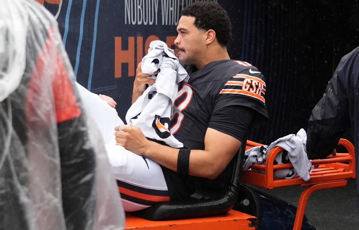 Chicago Bears quarterback Caleb Williams is carted off the field after an injury during the second half of an NFL football game against the Minnesota Vikings in Chicago, Sunday, Sept. 20, 2026. (AP Photo/Nam Y. Huh)