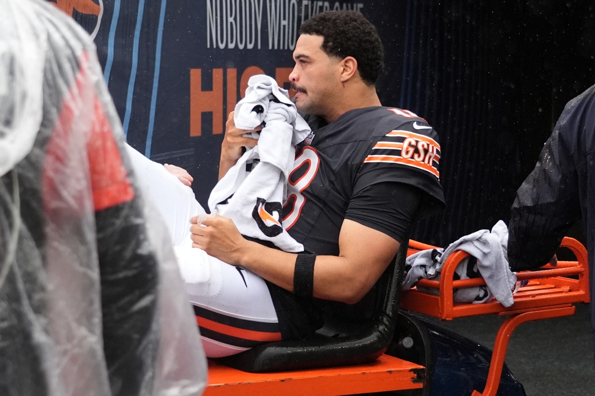 Chicago Bears quarterback Caleb Williams is carted off the field after an injury during the second half of an NFL football game against the Minnesota Vikings in Chicago, Sunday, Sept. 20, 2026. (AP Photo/Nam Y. Huh)