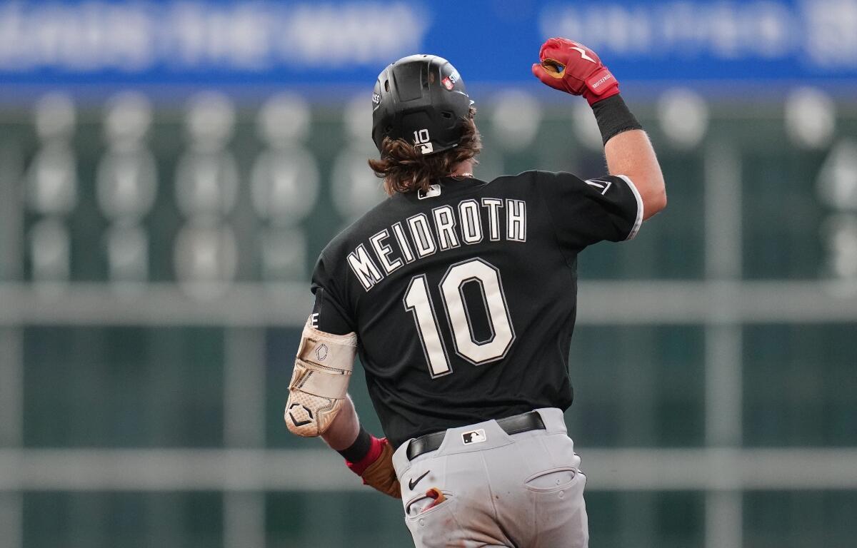 Chicago White Sox's Chase Meidroth celebrates while running the bases after hitting a 3-run home run during the sixth inning in Game 2 of baseball's American League Wild Card Series against the Houston Astros, Wednesday, Sept. 30, 2026, in Houston. (AP Photo/Karen Warren)