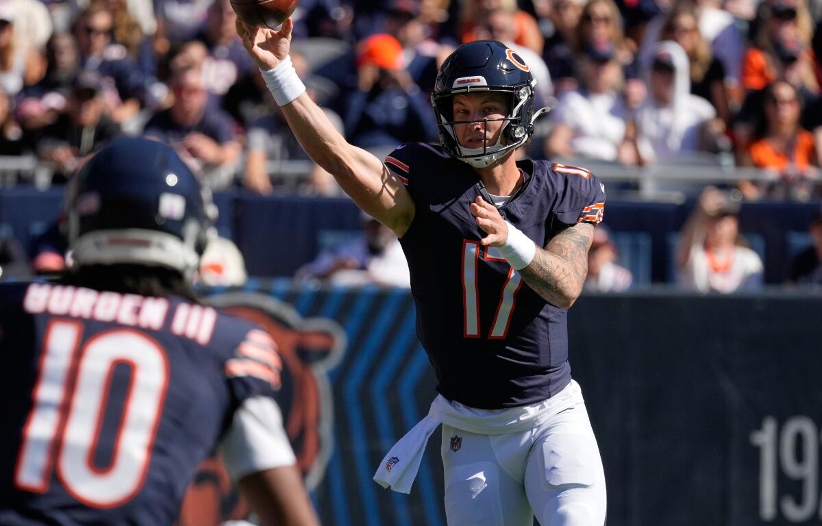 Chicago Bears quarterback Tyson Bagent throws during the first half of an NFL football game against the New York Jets Sunday, Oct. 4, 2026, in Chicago. (AP Photo/Nam Y. Huh)