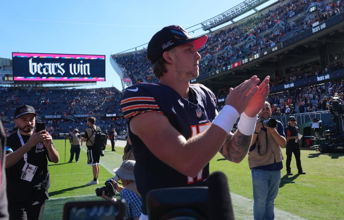 Chicago Bears quarterback Tyson Bagent celebrates a victory over the New York Jets as he walks off the field following an NFL football game Sunday, Oct. 4, 2026, in Chicago. (AP Photo/Nam Y. Huh)