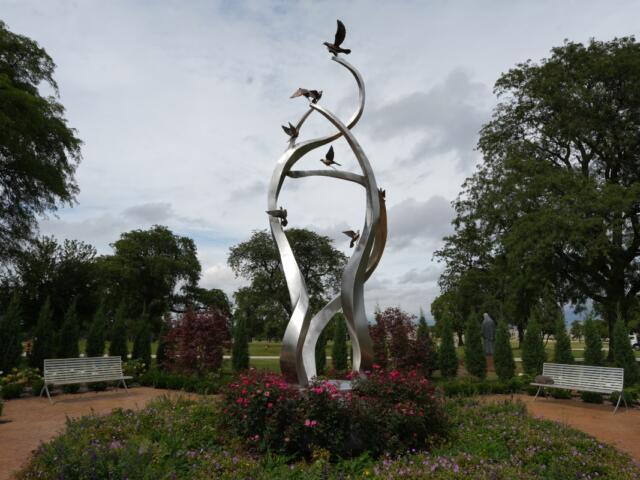 A sculpture of ascending doves is displayed at a memorial for survivors and lives lost to suicide dedicated by the Archdiocese of Chicago at Queen of Heaven Catholic Cemetery in Hillside, Ill., on Wednesday, Sept. 9, 2026. (AP Photo/Luis Andres Henao)