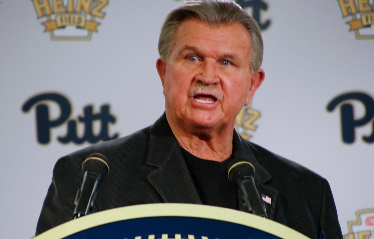 FILE - Former NFL coach and University of Pittsburgh alumnus, Mike Ditka speaks at a news conference for the retirement of the number 75 jersey for former Pittsburgh offensive lineman Jim Covert before an NCAA football game between the Pittsburgh and the Notre Dame, Saturday, Nov. 7, 2015 in Pittsburgh. (AP Photo/Keith Srakocic, File)