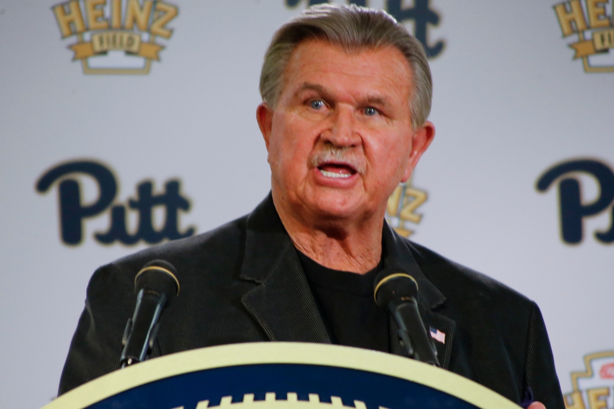 FILE - Former NFL coach and University of Pittsburgh alumnus, Mike Ditka speaks at a news conference for the retirement of the number 75 jersey for former Pittsburgh offensive lineman Jim Covert before an NCAA football game between the Pittsburgh and the Notre Dame, Saturday, Nov. 7, 2015 in Pittsburgh. (AP Photo/Keith Srakocic, File)