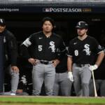 Chicago White Sox first baseman Munetaka Murakami (5) and catcher Kyle Teel (8) watch from the dugout during the eighth inning of Game 5 of baseball's American League Division Series against the Cleveland Guardians, Saturday, Oct. 10, 2026, in Cleveland. (AP Photo/Phil Long)