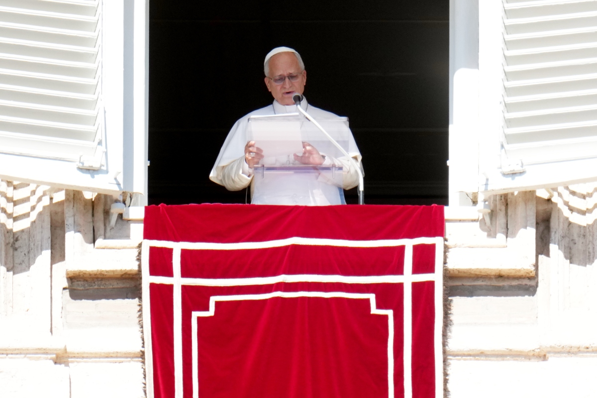 Pope Leo XIV delivers the Angelus prayer in St. Peter's Square at the Vatican, Sunday, Oct. 11, 2026. (AP Photo/Gregorio Borgia)