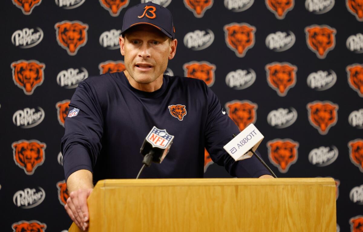 Chicago Bears head coach Ben Johnson talks after an NFL football game against the Green Bay Packers in Green Bay, Wis., Sunday, Oct. 11, 2026. (AP Photo/Mike Roemer)