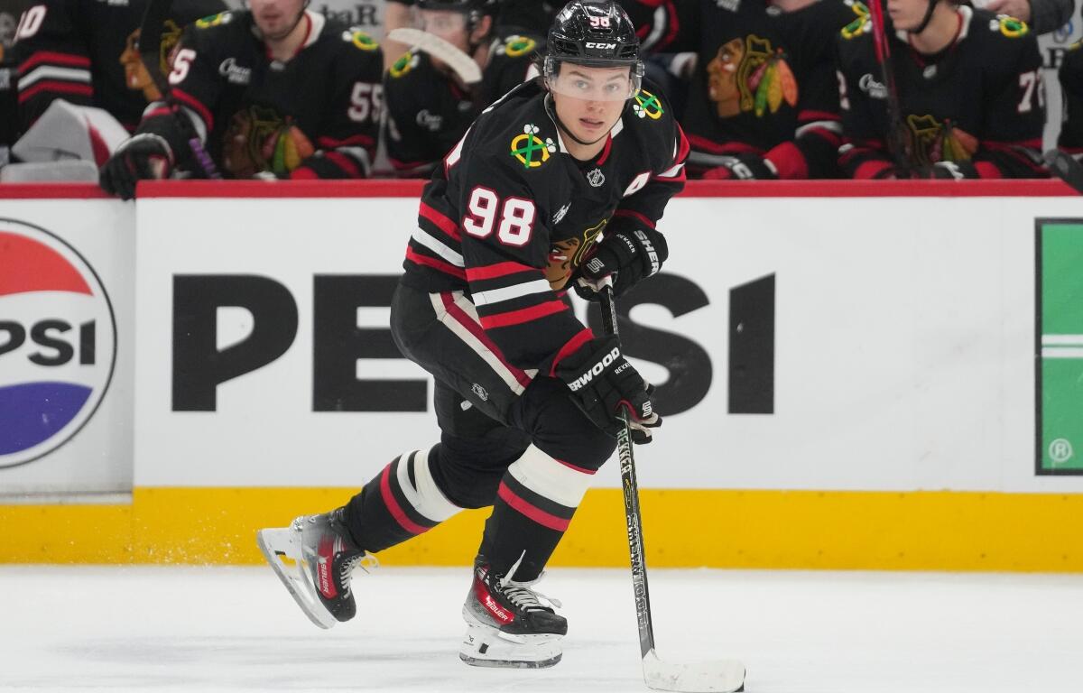 FILE - Chicago Blackhawks center Connor Bedard handles the puck during the second period of an NHL hockey game against the Colorado Avalanche, March 20, 2026, in Chicago. (AP Photo/Erin Hooley, File)