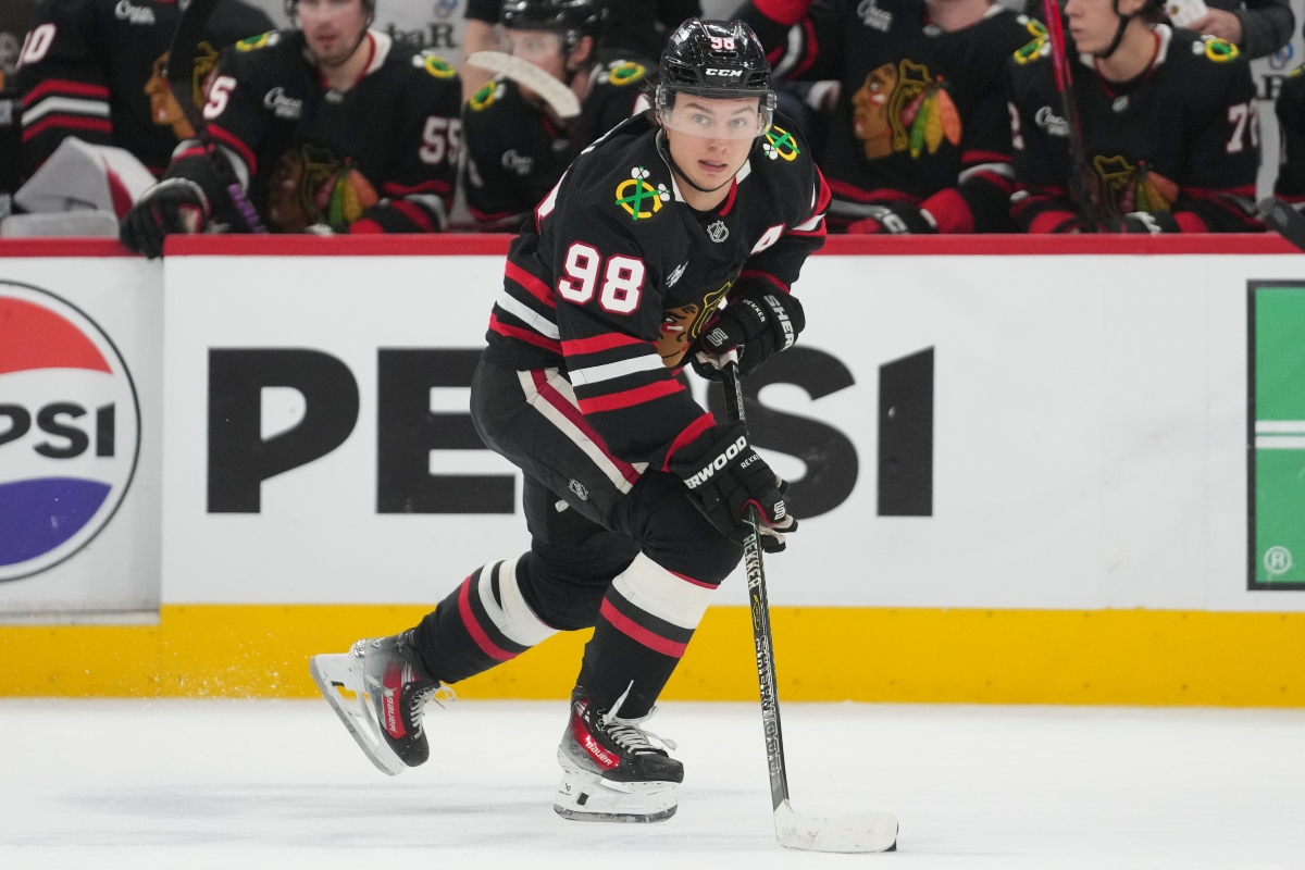 FILE - Chicago Blackhawks center Connor Bedard handles the puck during the second period of an NHL hockey game against the Colorado Avalanche, March 20, 2026, in Chicago. (AP Photo/Erin Hooley, File)