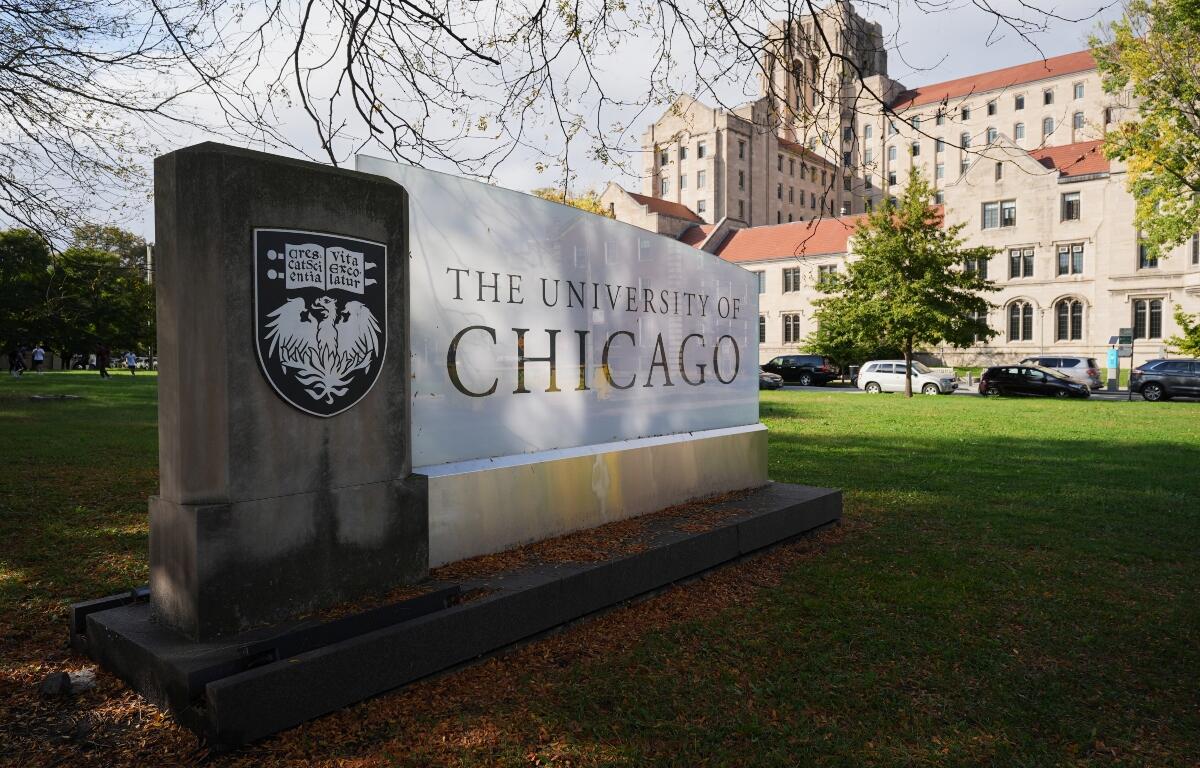 University of Chicago sign is displayed on the campus in Chicago, Wednesday, Oct. 14, 2026. (AP Photo/Nam Y. Huh)