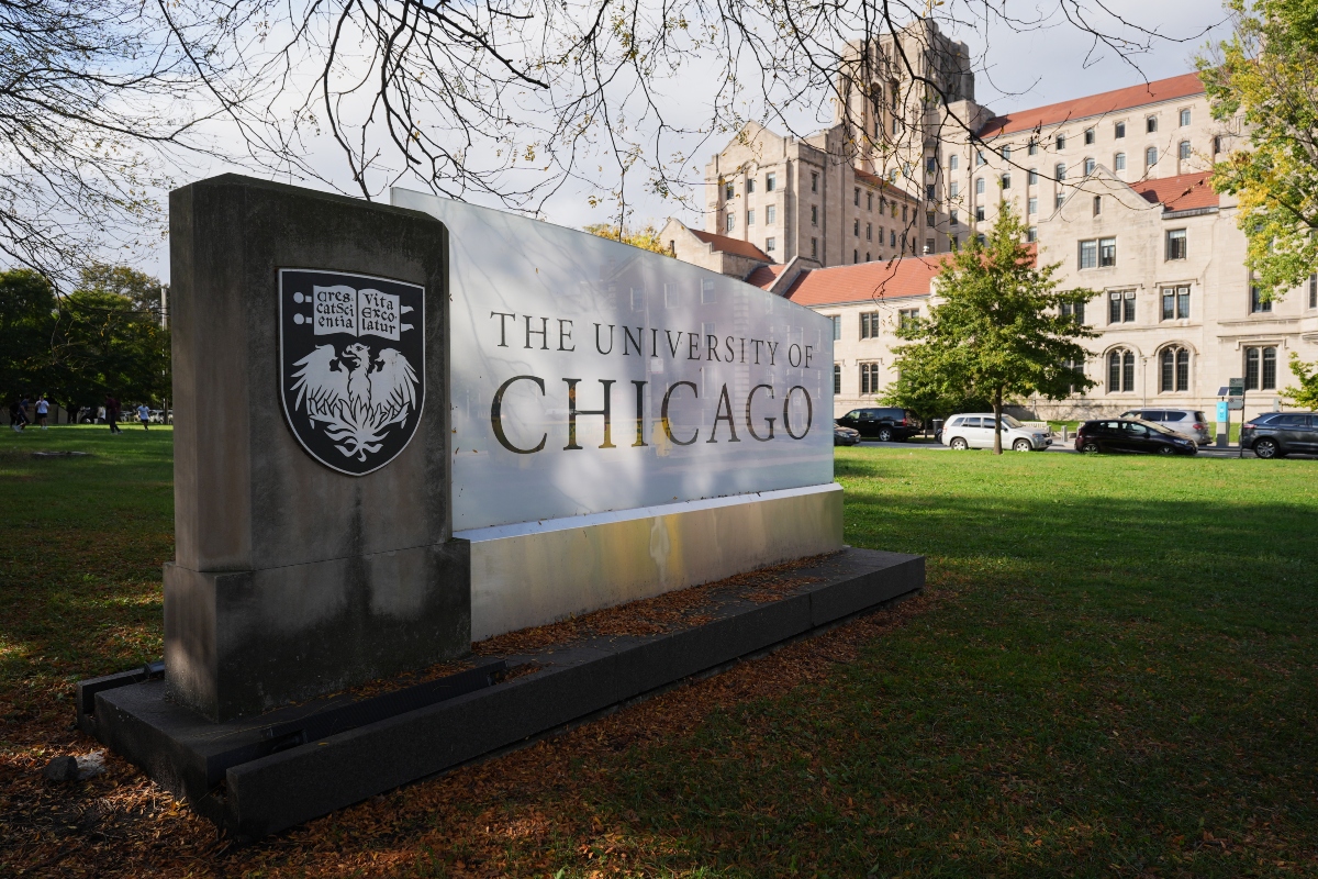 University of Chicago sign is displayed on the campus in Chicago, Wednesday, Oct. 14, 2026. (AP Photo/Nam Y. Huh)