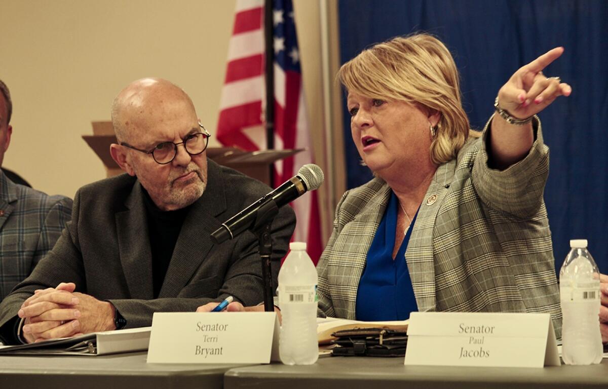State Sen. Terri Bryant speaks Wednesday during a hearing in Du Quoin held by the Illinois Commission on Government Forecasting and Accountability regarding the proposed closure of the Du Quoin Impact Program. (Southern Illinois Source photo by Geoff Ritter)