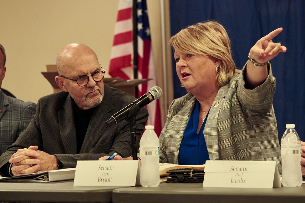 State Sen. Terri Bryant speaks Wednesday during a hearing in Du Quoin held by the Illinois Commission on Government Forecasting and Accountability regarding the proposed closure of the Du Quoin Impact Program. (Southern Illinois Source photo by Geoff Ritter)