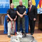 Everest with handlers, Officer Tammy Baehr, LLCC PD; Officer Kenny Kissel, LLCC PD; Dr. Curt Oldfield, LLCC President