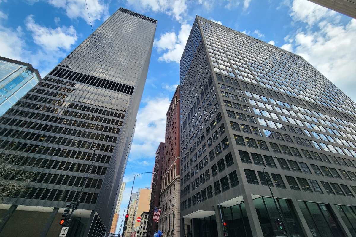 Chicago, IL April 22, 2025, John C. Kluczynski Federal Building and Ralph H. Metcalfe Federal Building, side by side, across the street, government, downtown, loop, business, district